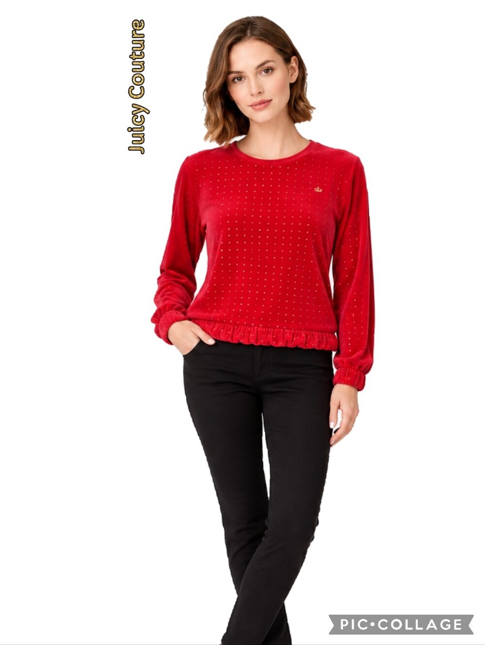 Juicy Couture red velour top, ruffle hem & cuff, sparkle knit fabric, crew neck